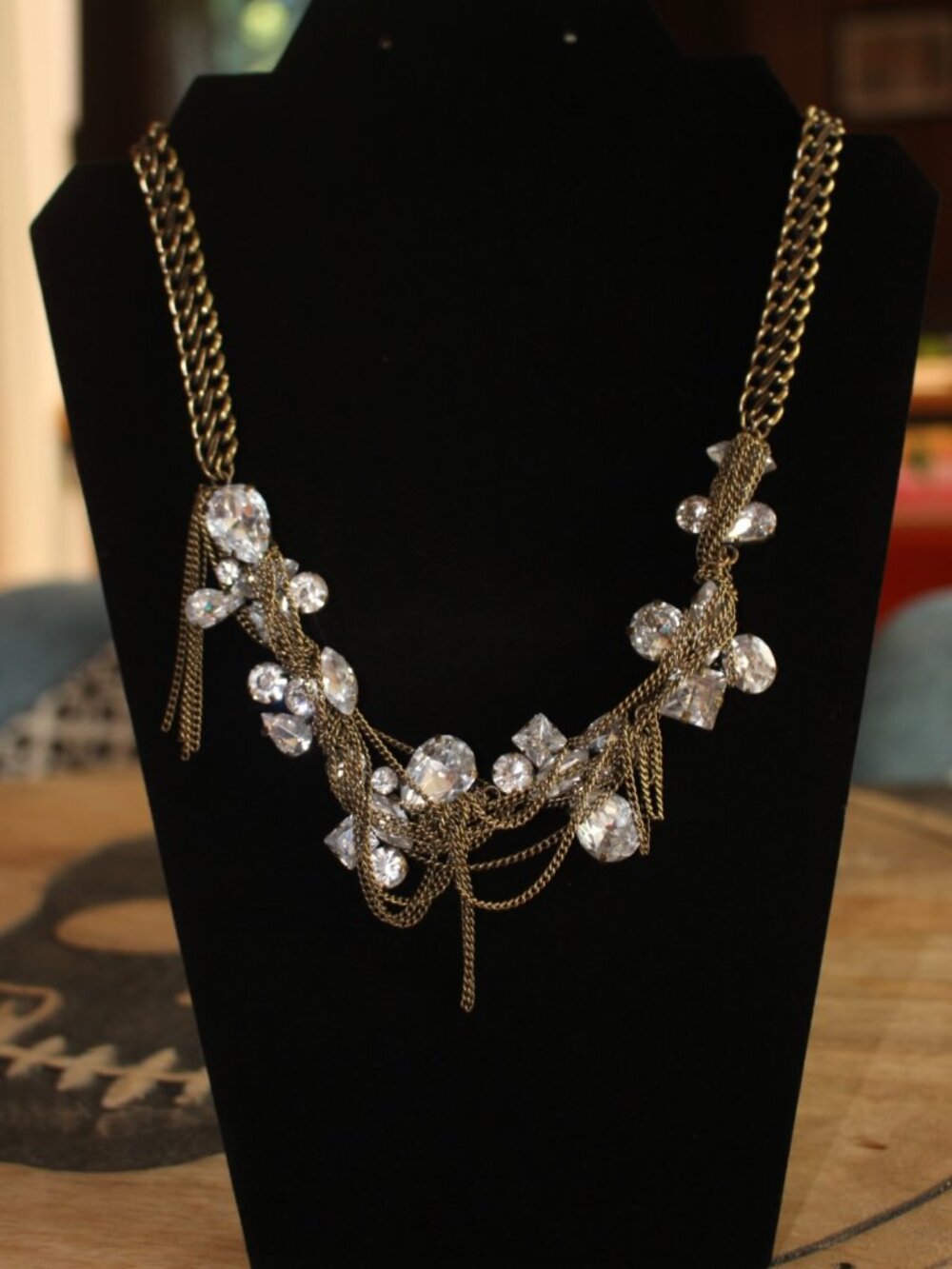 1937 Brand Statement Necklace Rhinestones Bronze Curb Chain Twisted Design 19"
